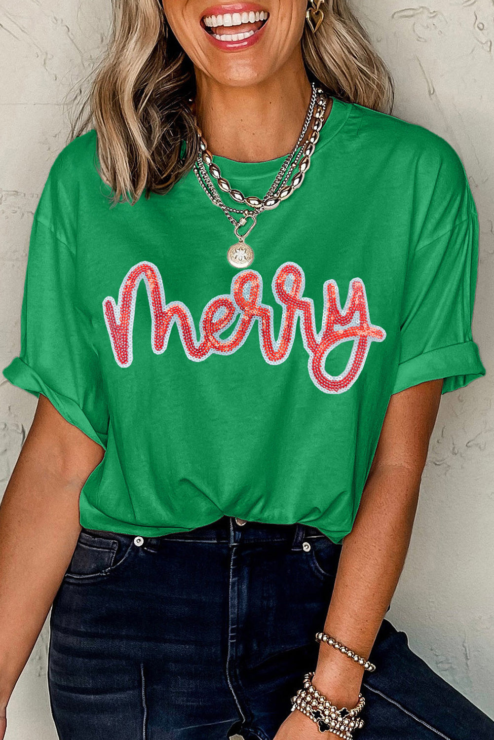 Bright Green merry Sequin Graphic Tee