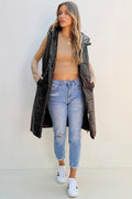 Black hooded long quilted vest coat by Dear-Lover, featuring a cozy, padded design with a hood, ideal for cold weather wear.
