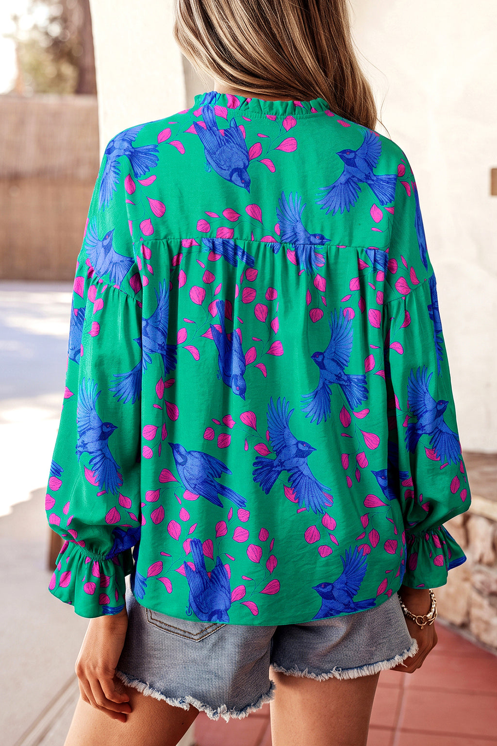 Green Abstract V-Neck Flounced Puff Sleeve Blouse