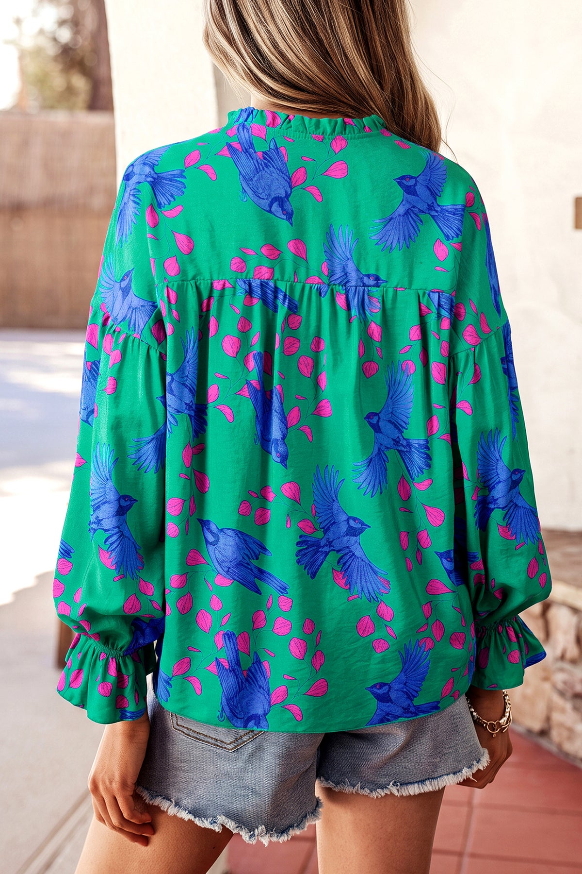 Green Abstract V-Neck Flounced Puff Sleeve Blouse