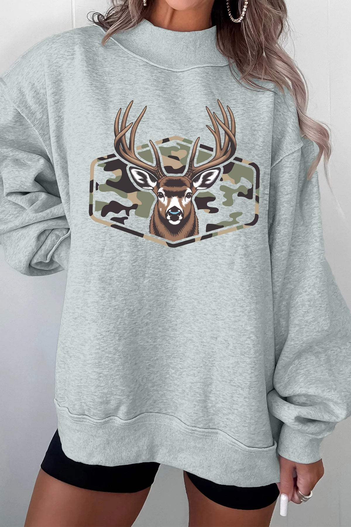 Gray oversized camouflage reindeer print mock neck sweatshirt by Dear-Lover Dropshipping, featuring a bold graphic design and cozy fit.