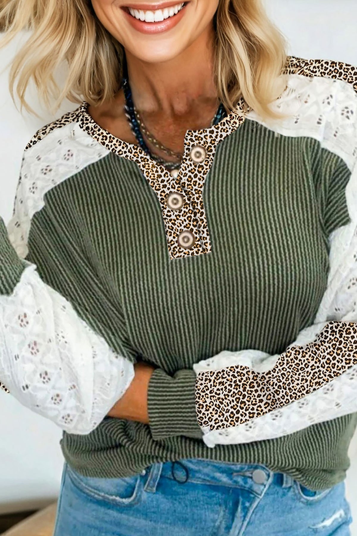 Vineyard Green Twisted Ribbed Leopard Lace Contrast Patchwork Long Sleeve Top