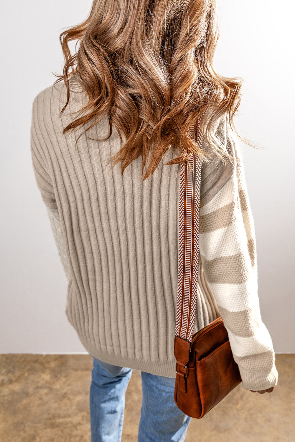 Khaki cable knit colorblock crew neck sweater with drop shoulder design by Dear-Lover. Cozy knitwear for casual wear.