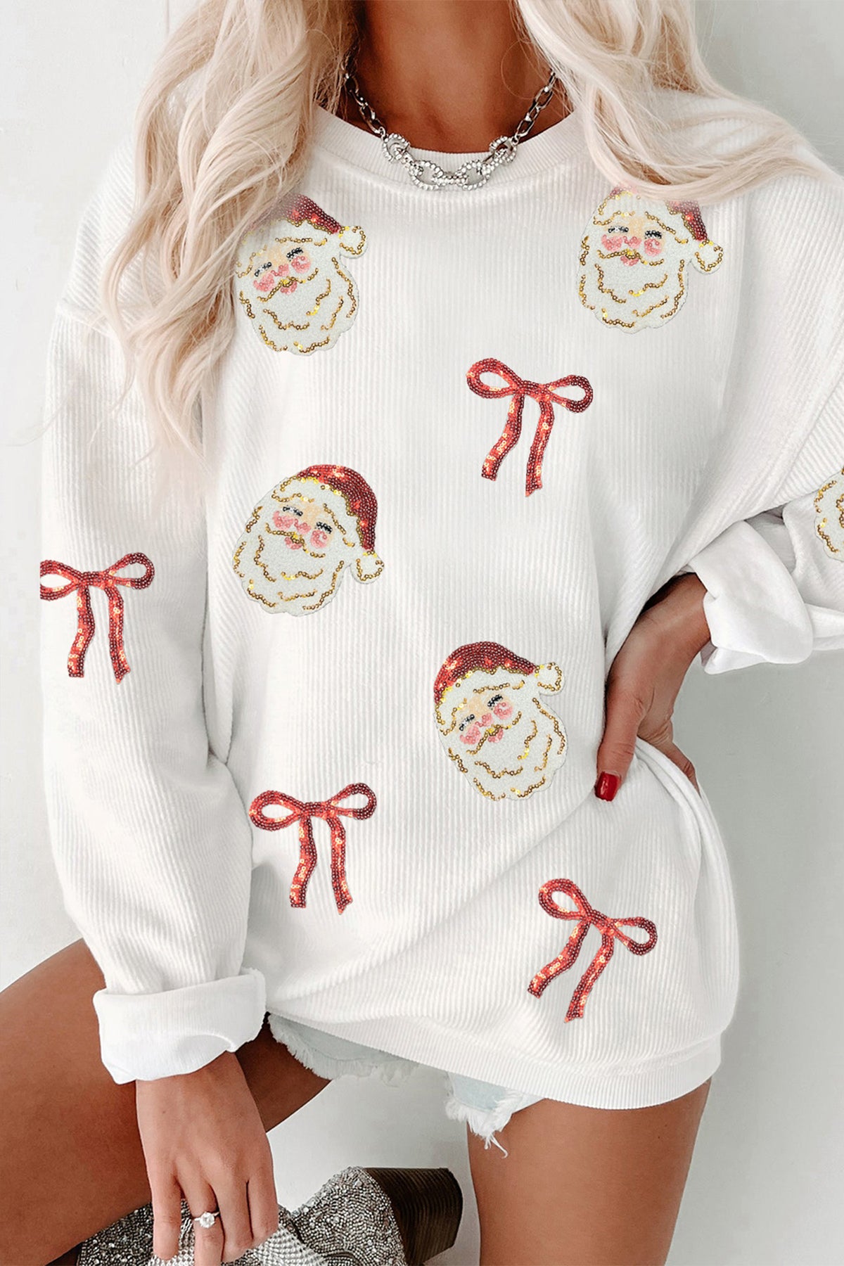 White Sequin Santa Bow Graphic Sweatshirt