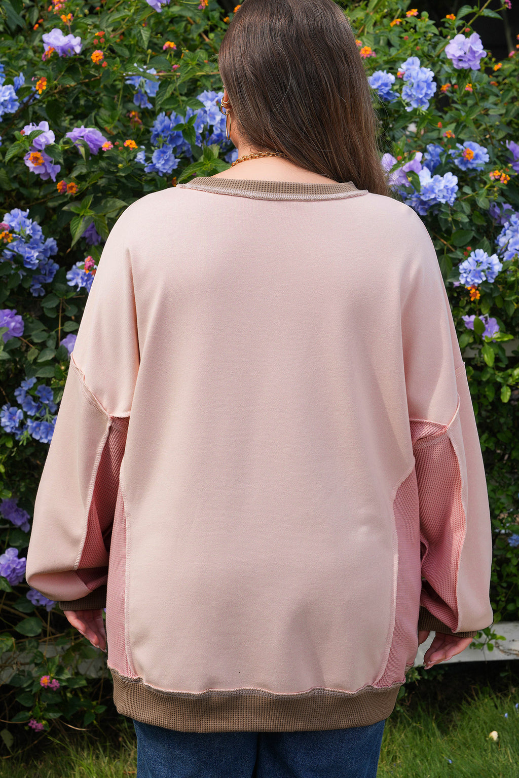 Light Pink Plus Color Block Waffle Patchwork Exposed Seam Baggy Sweatshirt
