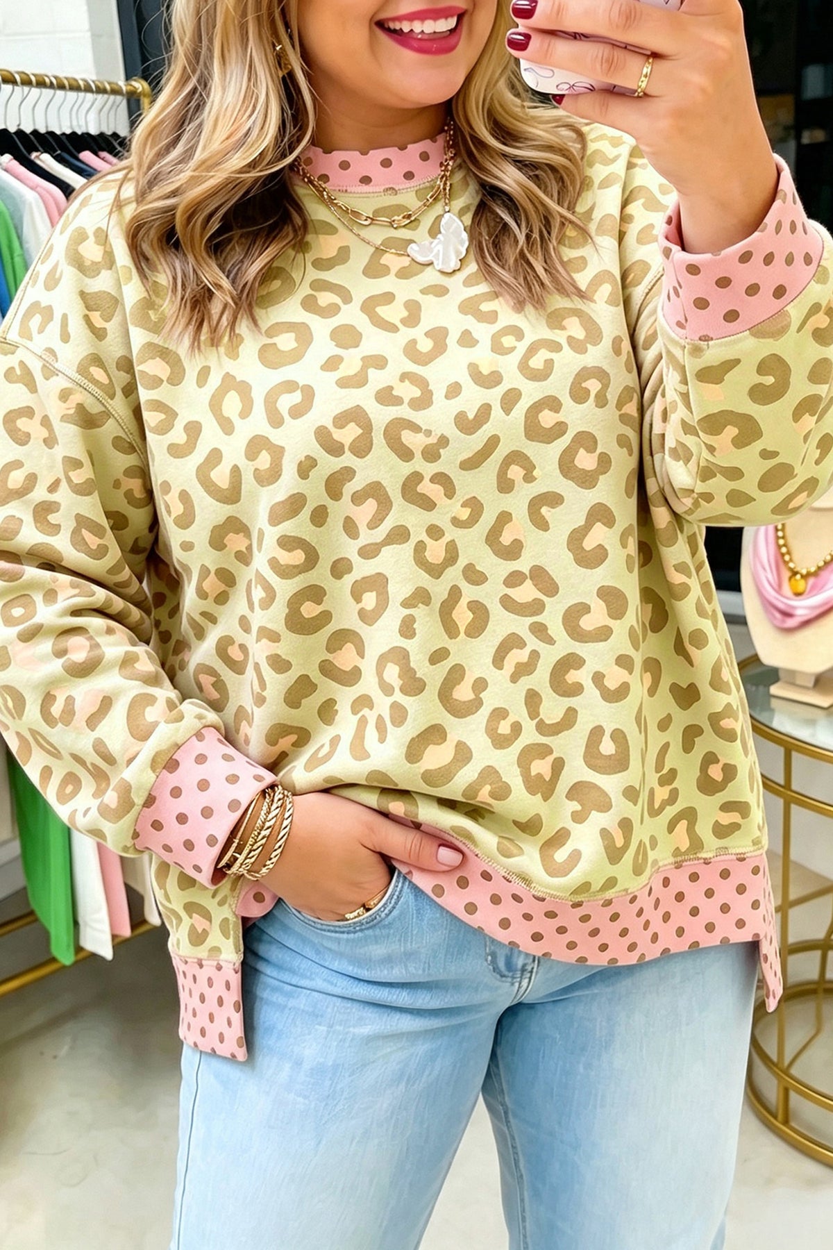Brown plus size long sleeve top with leopard print and polka dot trim from Dear-Lover, featuring a stylish contrast design.