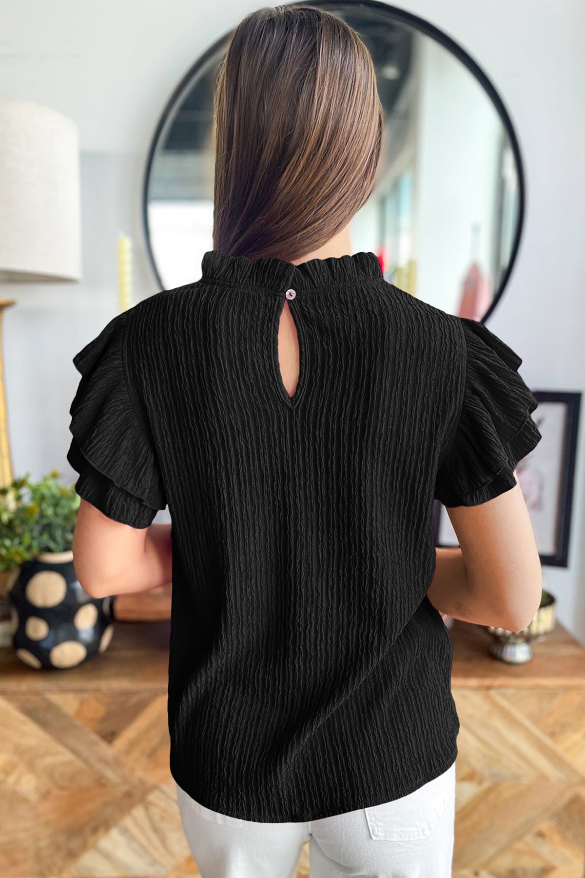Black Textured Ruffle-Trim Blouse