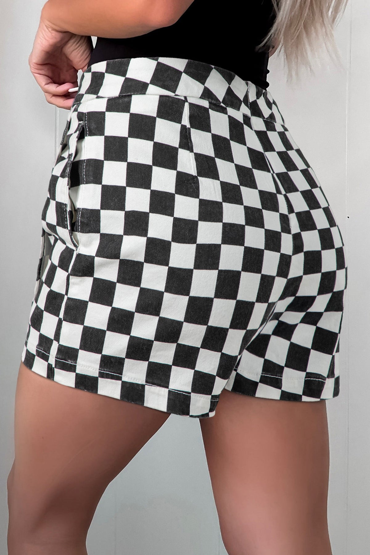 Black checkered print denim shorts with overlap style, casual bottoms from Dear-Lover, featuring a trendy, relaxed fit.