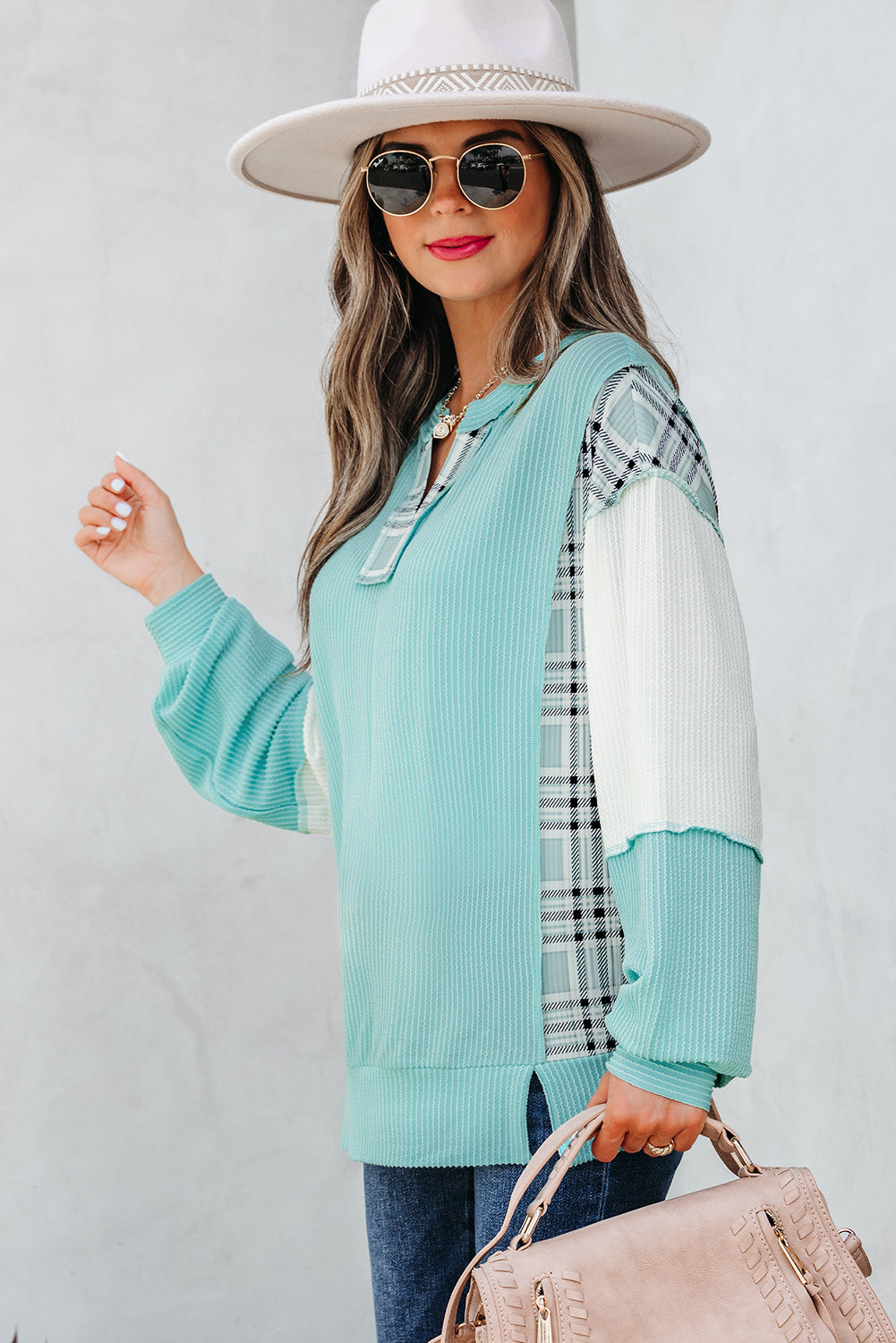 Textured Plaid Color Block Patchwork Long Sleeve Top