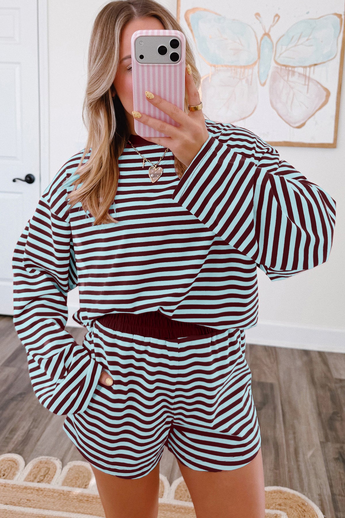Brown stripe relaxed long sleeve top and contrast elastic waistband shorts two-piece set by Dear-Lover.