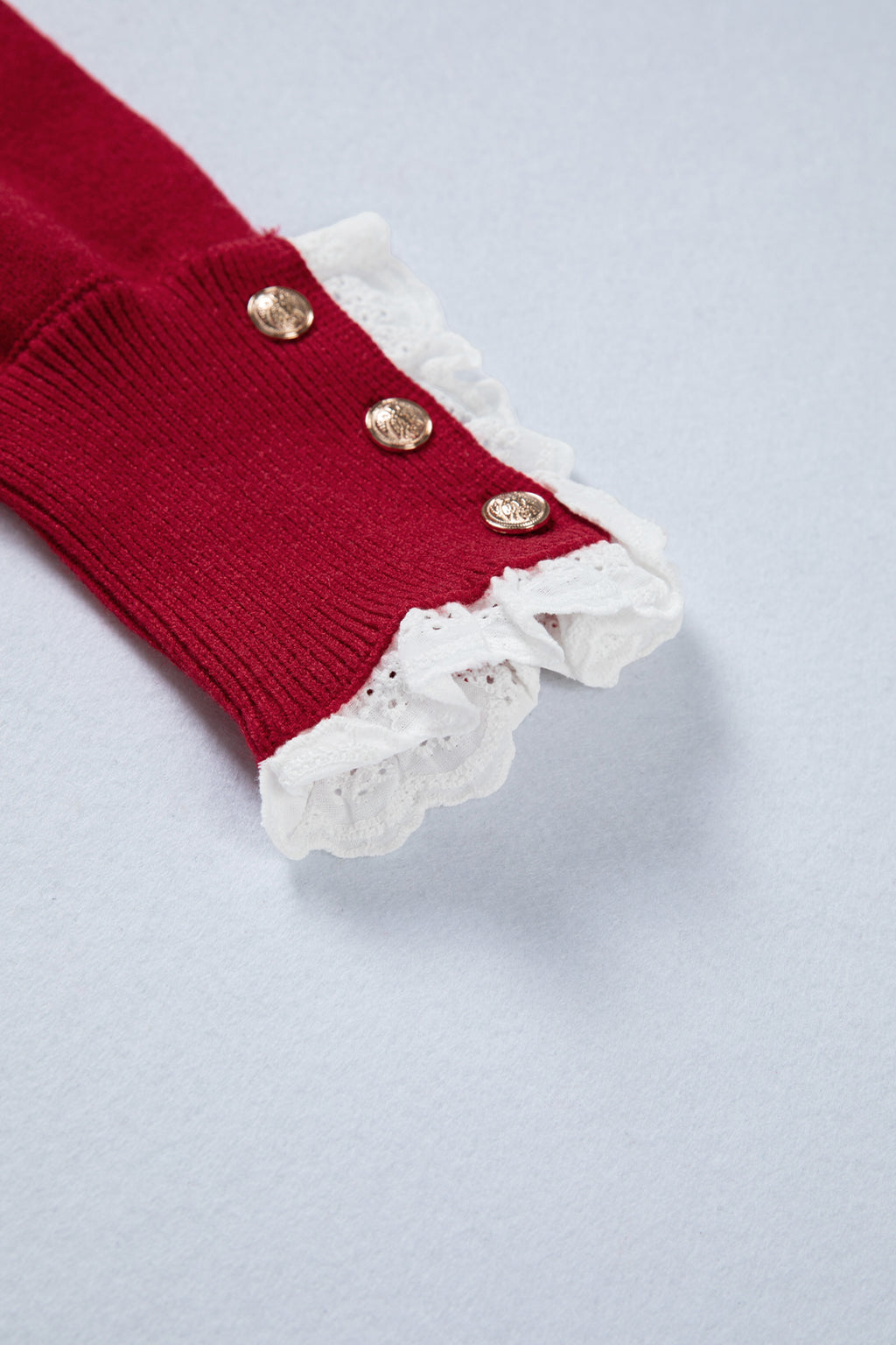 Laced Trim Loose Sweater with Buttoned Cuffs