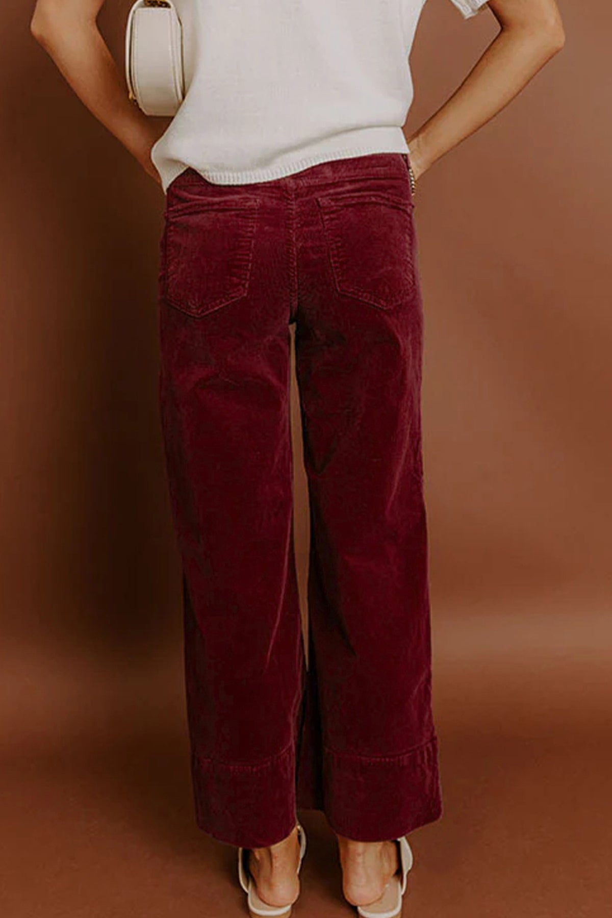 Burgundy corduroy high waist wide-leg pants from Dear-Lover, featuring a solid color and relaxed fit for stylish comfort.