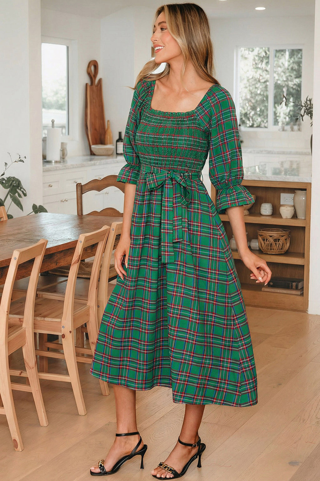 Plaid Puff Sleeve Midi Dress