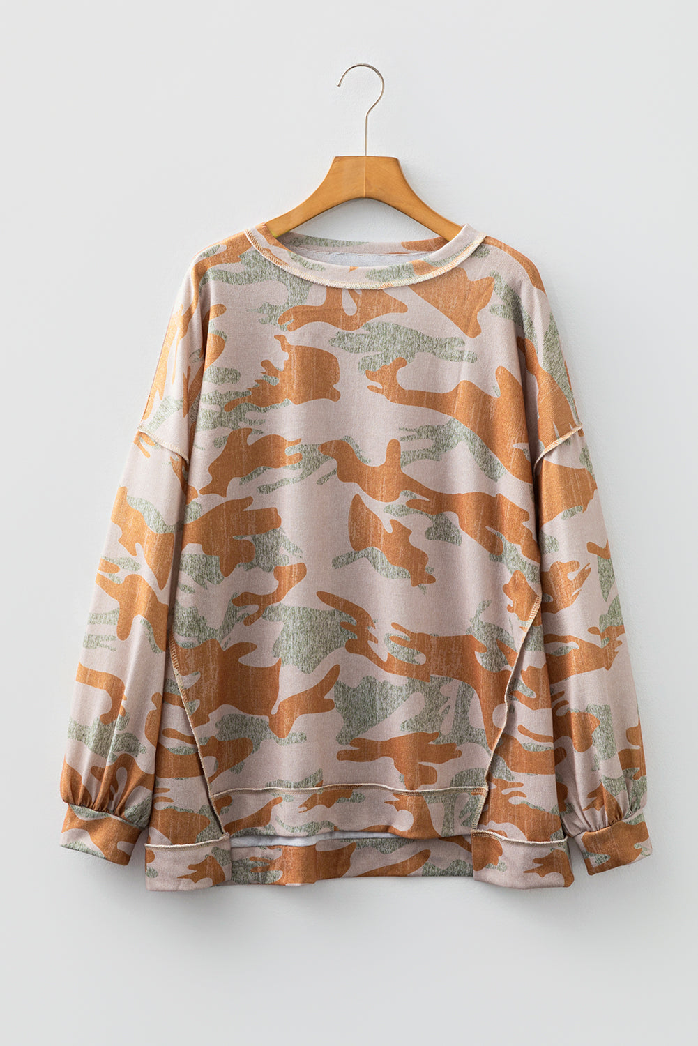 Brown Retro Camouflage Print Exposed Seam Patchwork Drop Shoulder Sweatshirt