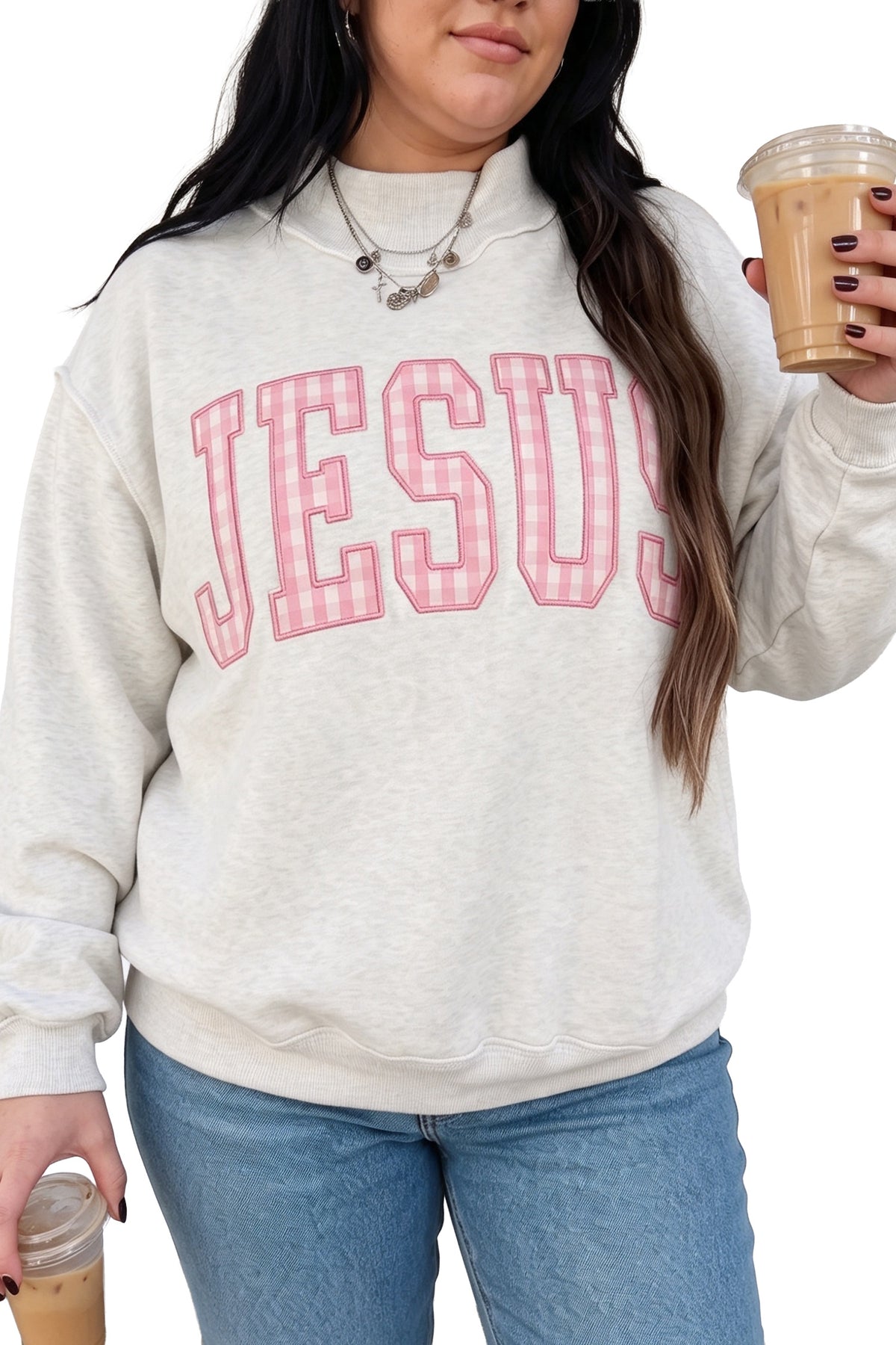 Gray polka dot letter print plus size sweatshirt with loose fit and long sleeves from Dear-Lover, ideal for casual wear.