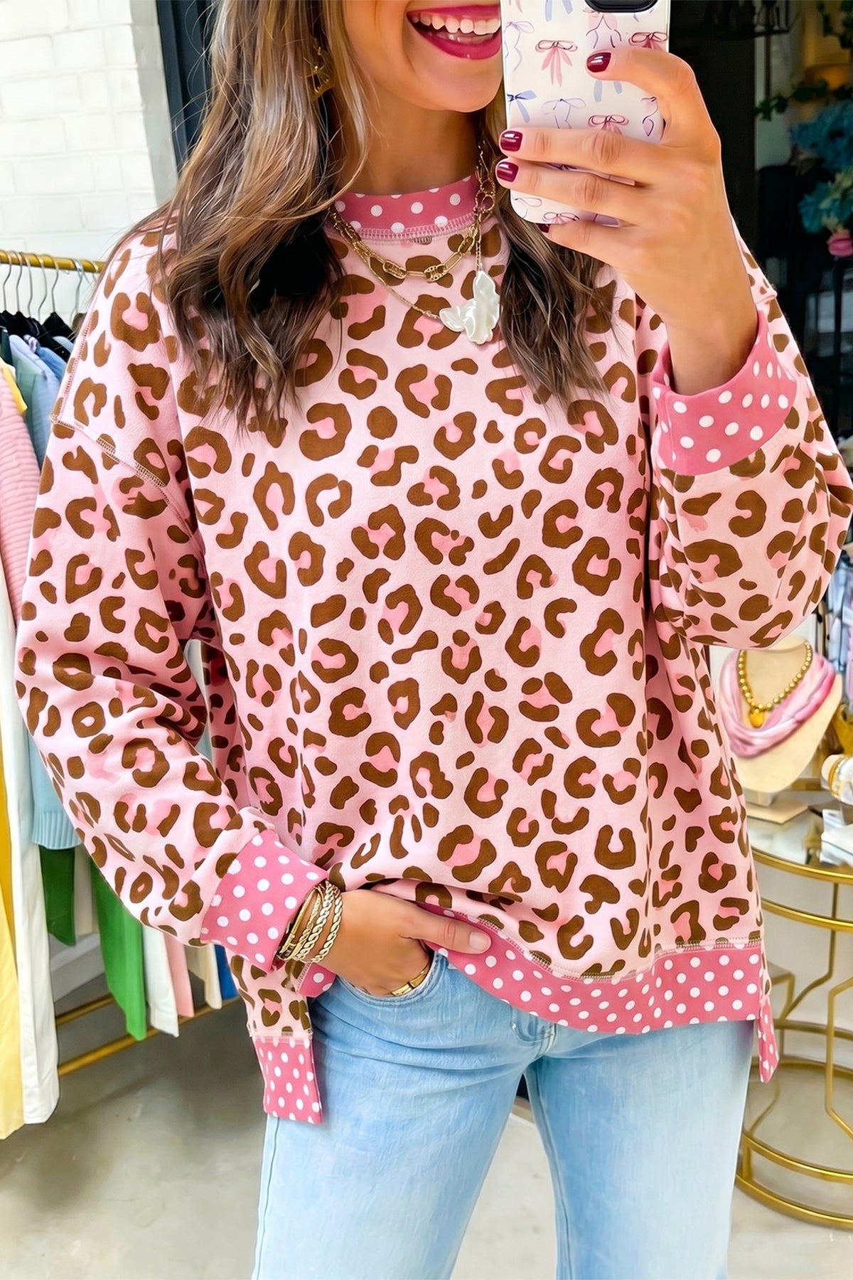 Leopard Polka Dot Colorblock Top