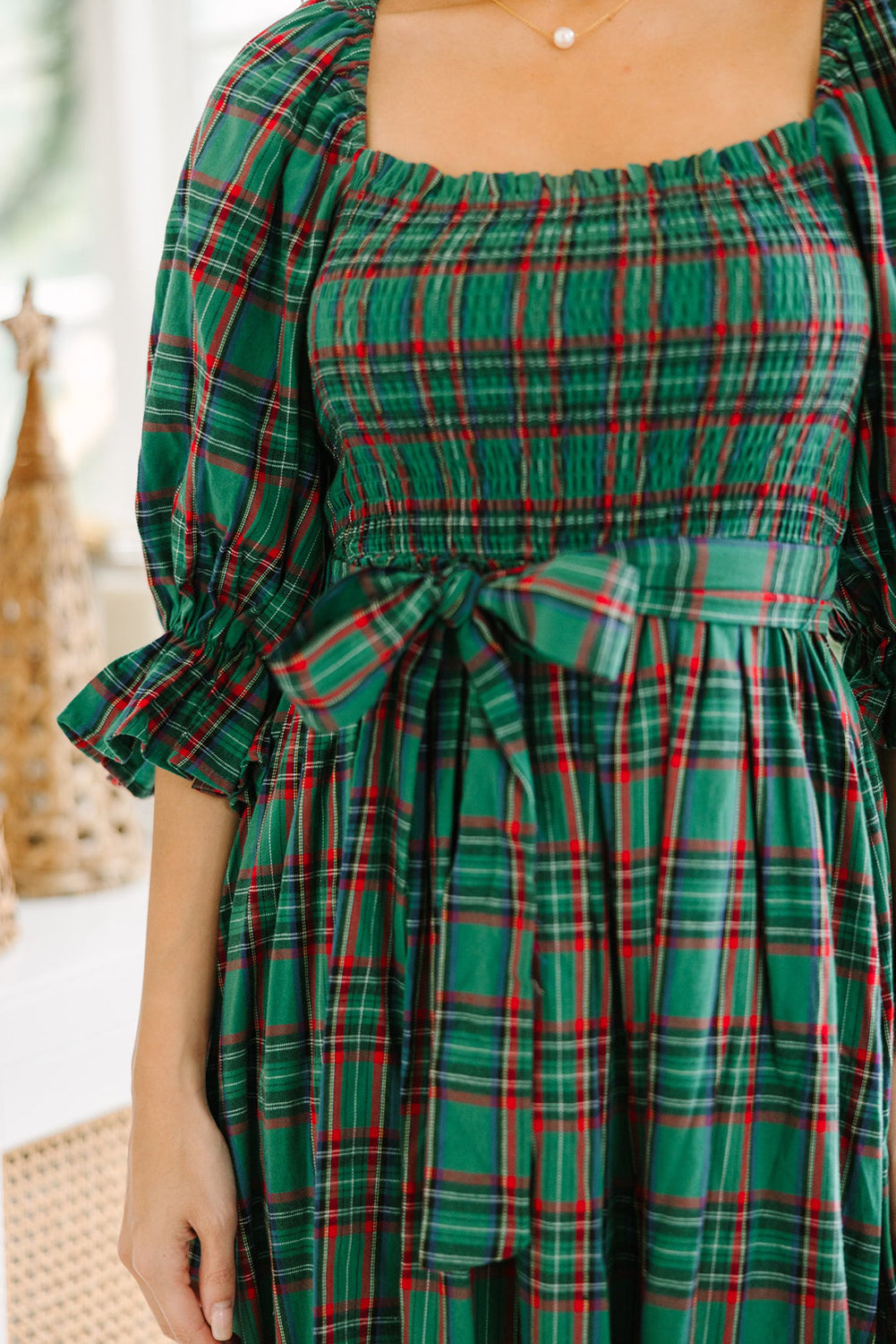 Plaid Puff Sleeve Midi Dress