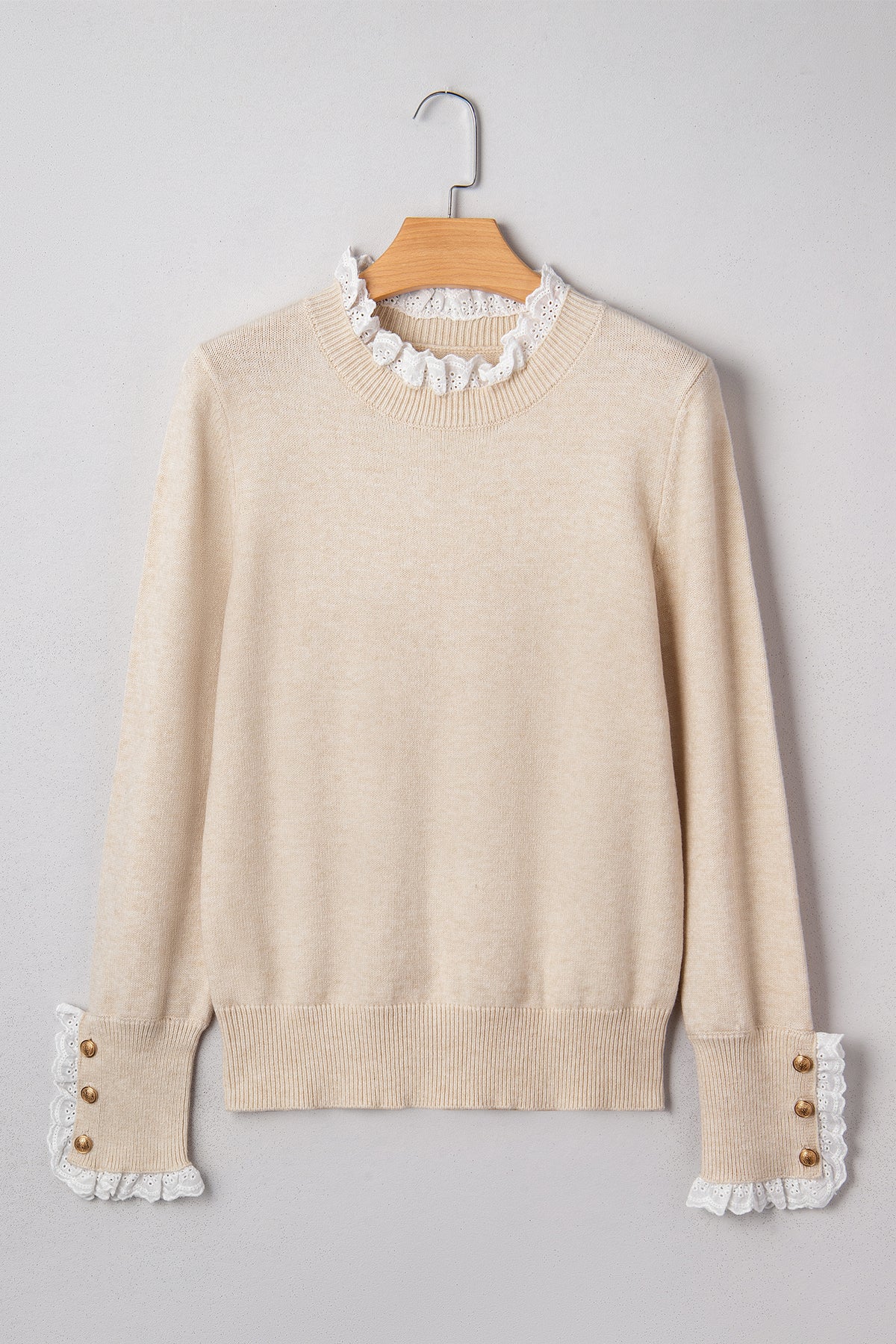Laced Trim Loose Sweater with Buttoned Cuffs