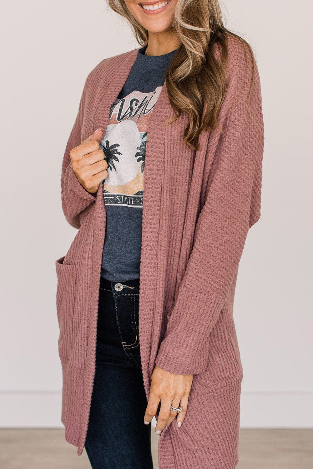 Mineral Red Waffle-Knit Pocket Cardigan