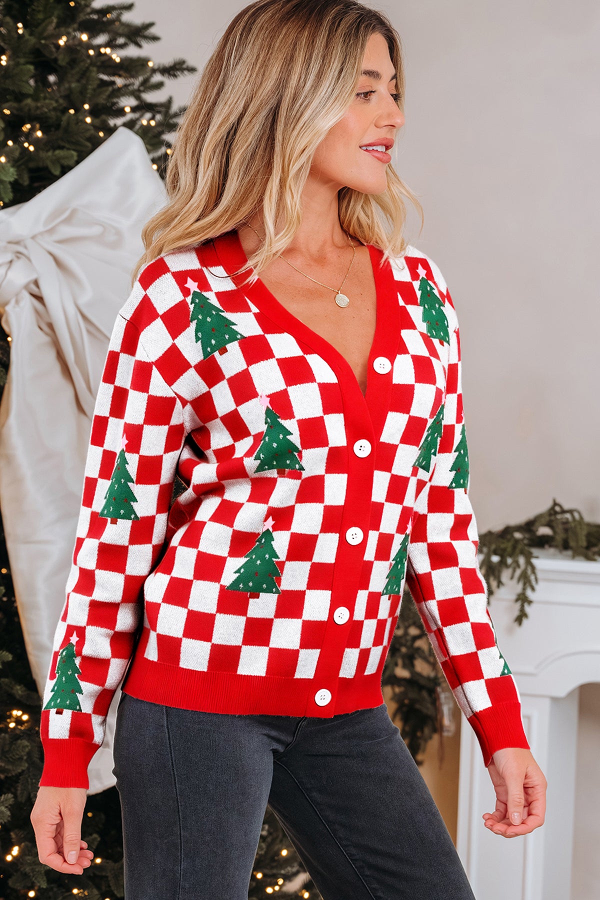 Pink Checkered Christmas Tree Cardigan