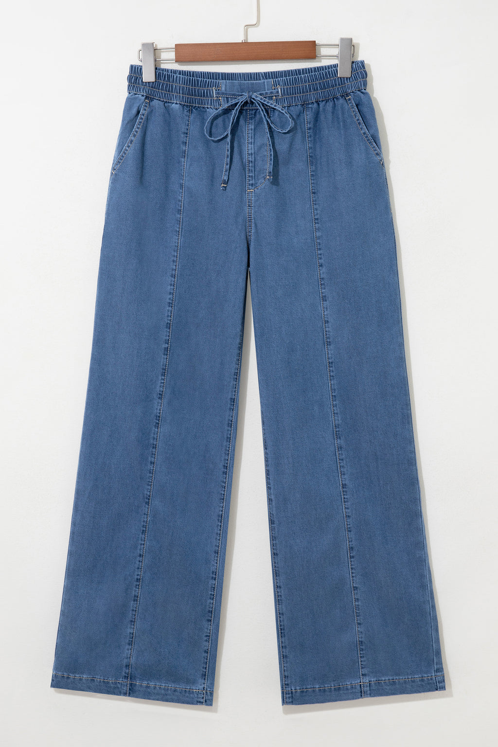 Dear-Lover Ashleigh blue drawstring waist wide-leg jeans, casual denim bottoms with relaxed fit and stylish design.