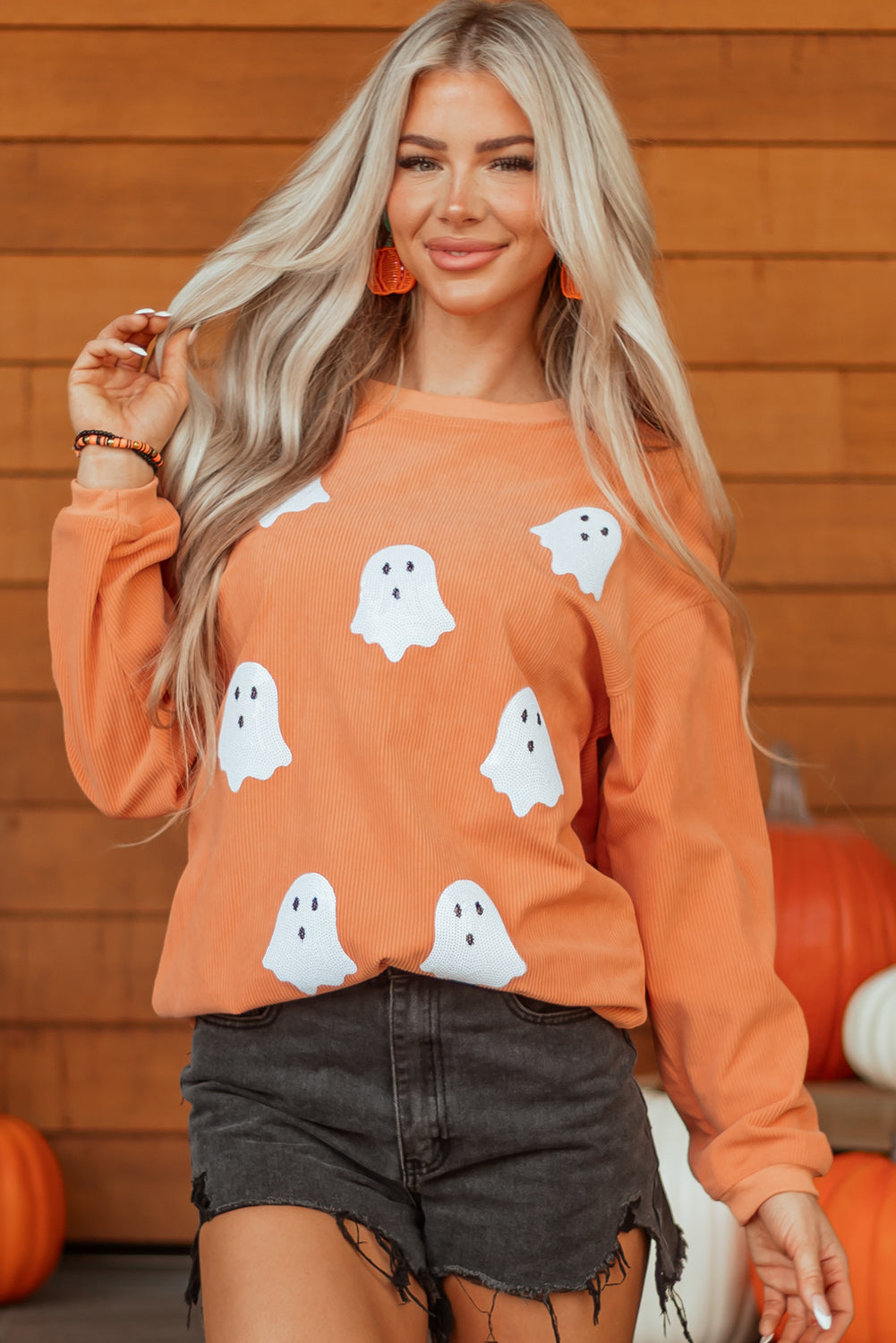 Orange Twisted Ribbed Texture Halloween Ghost Sequin Patched Sweatshirt