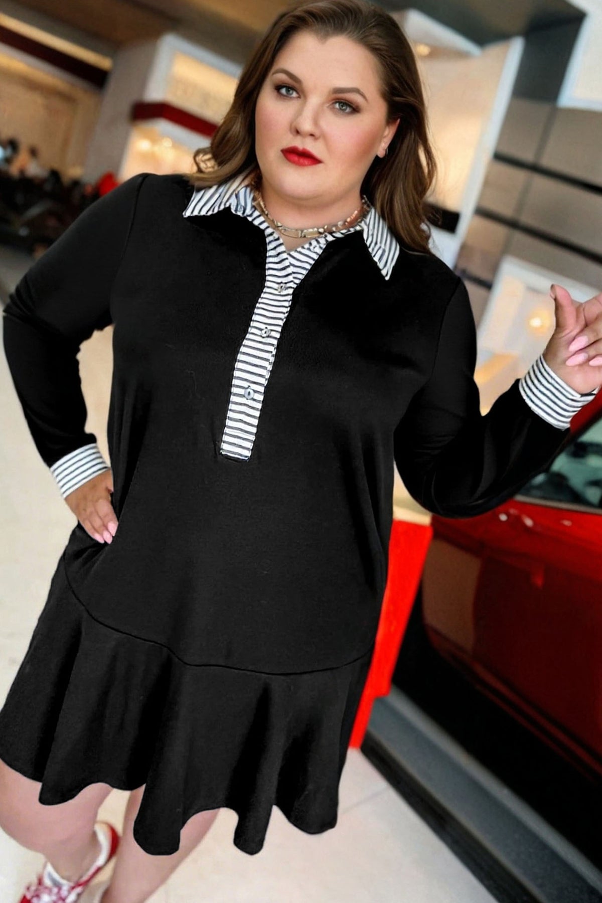 Plus size black striped dress with polo collar, patchwork details, ruffle hem, long sleeves, from Dear-Lover.