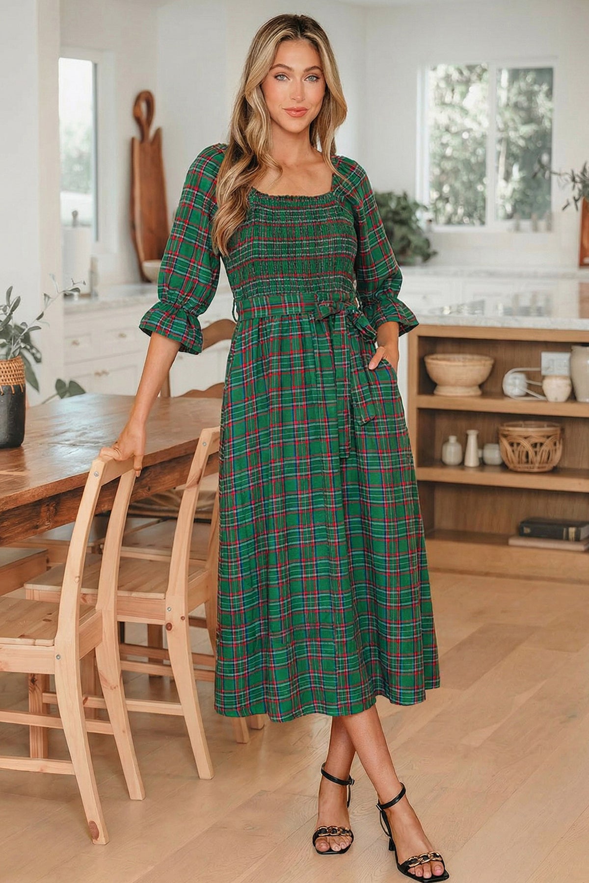 Plaid Puff Sleeve Midi Dress