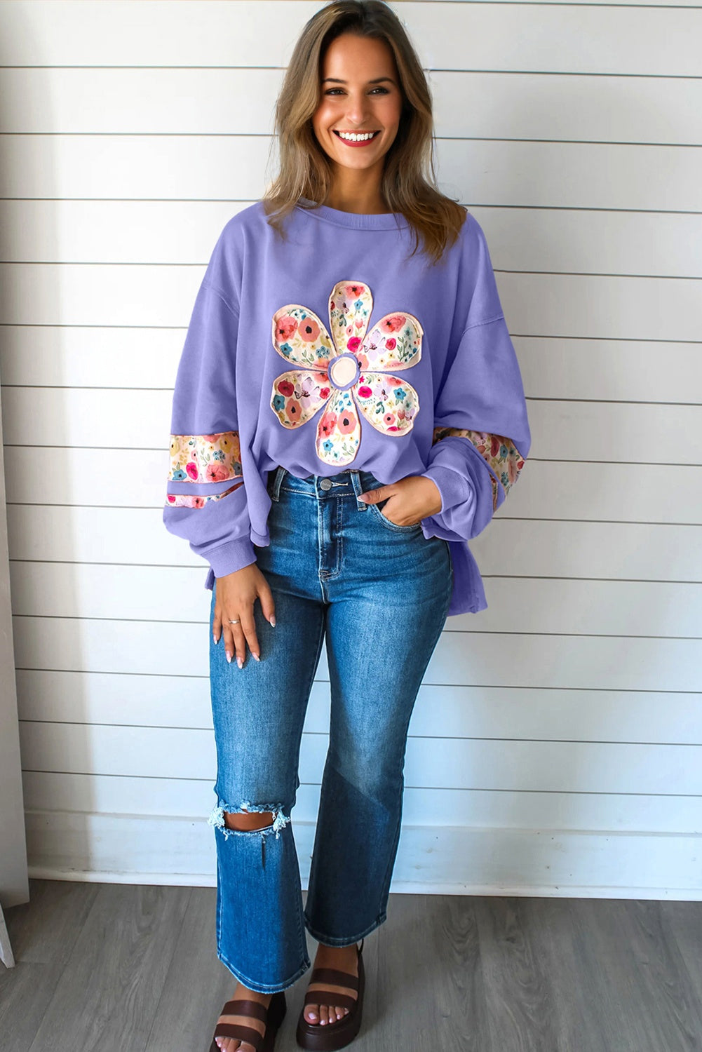 Pale Khaki Floral Applique Baggy Pullover Sweatshirt