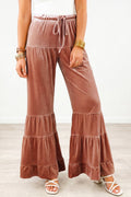 Yellow mineral wash lace-up high waist bell bottom pants with tiered design, stylish bottoms from Dear-Lover.