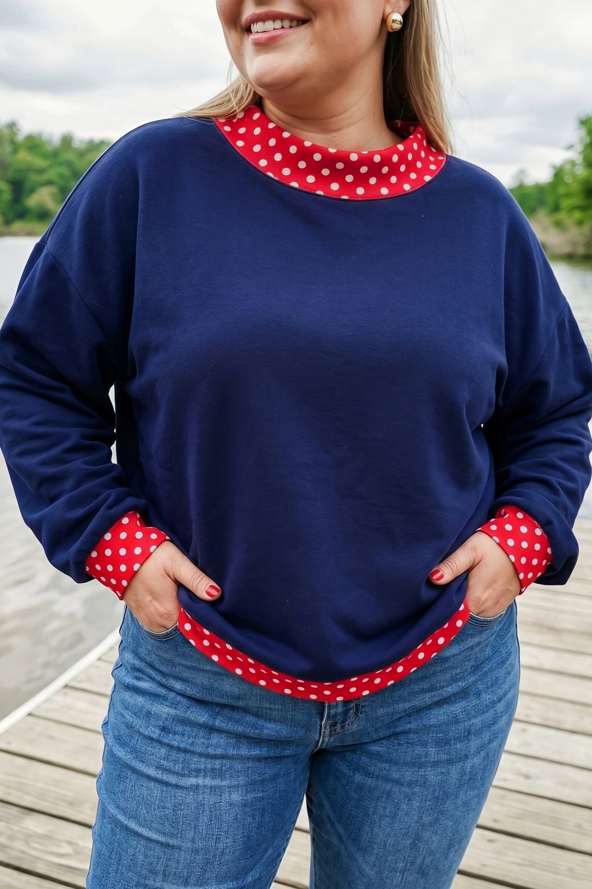 Burgundy polka dot patchwork plus size sweatshirt with round neck by Dear-Lover, featuring a cozy, stylish design.