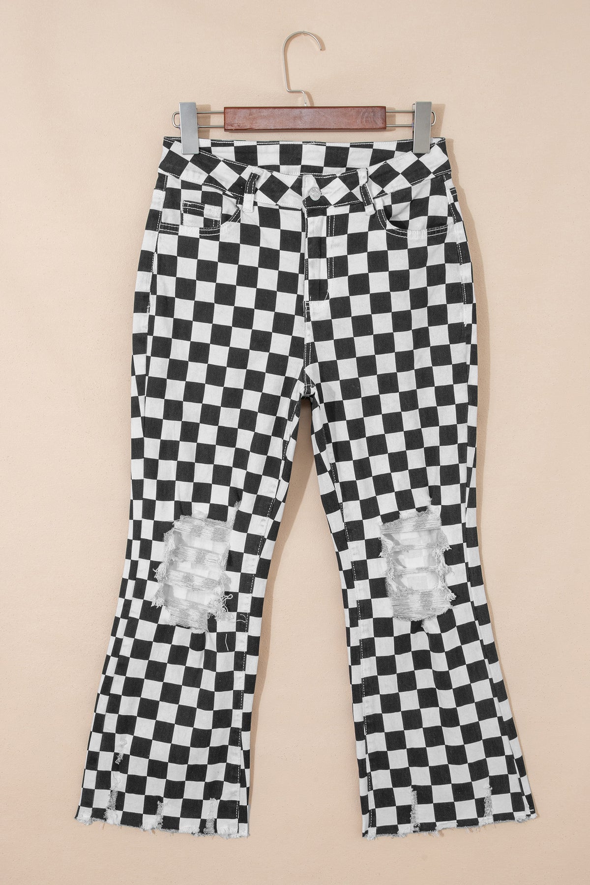 Black checkerboard print distressed raw edge cropped jeans from Dear-Lover featuring holes and a bold, edgy design.