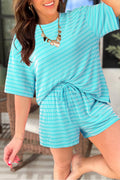 Sky blue and white striped two-piece loose tee and shorts set with drawstring elastic waist by Dear-Lover, casual lounge outfit.
