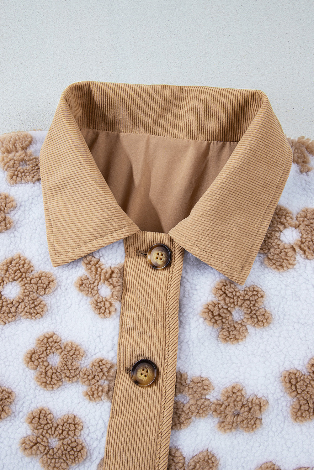 French Beige Flower Button-Up Fleece Jacket