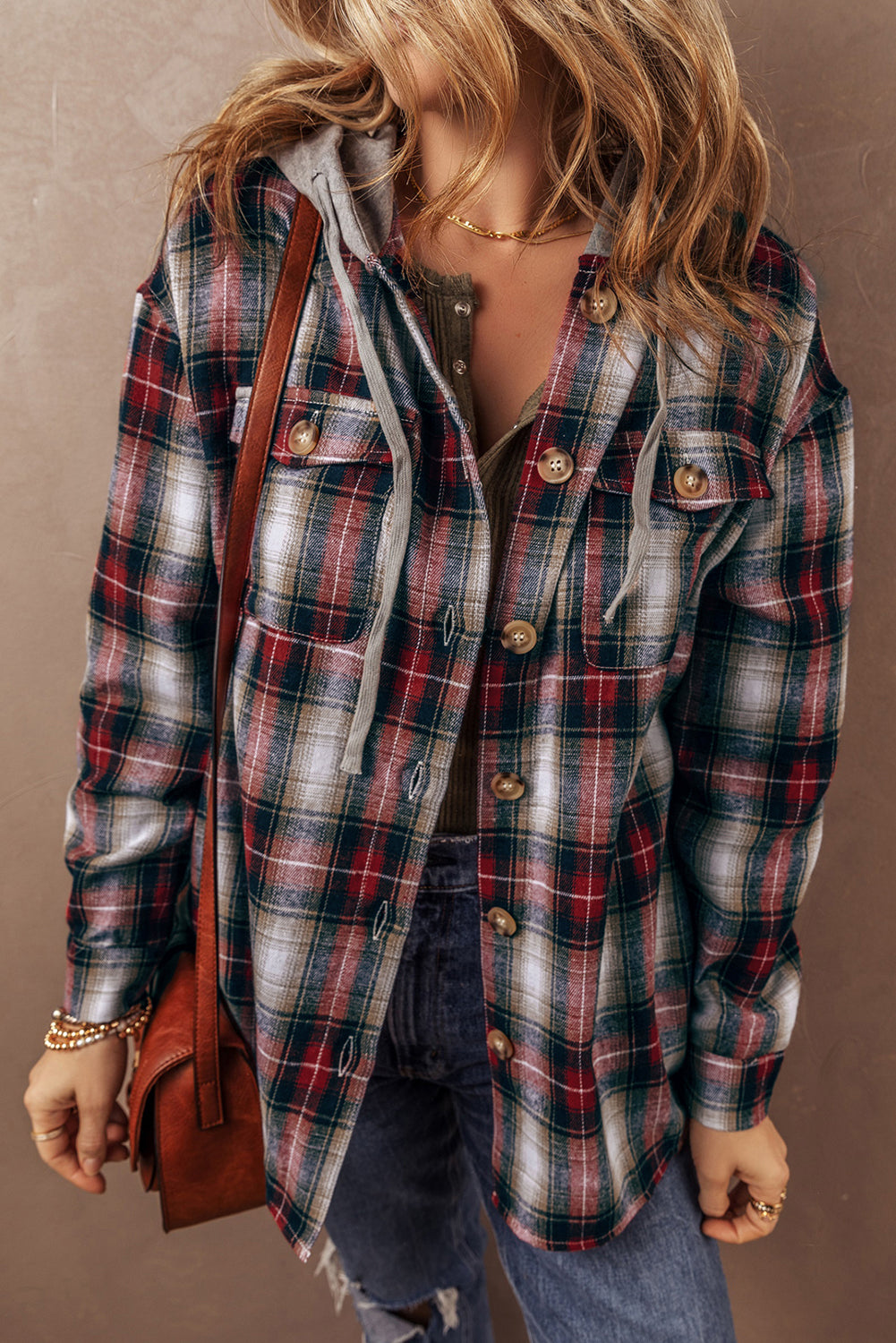 Red plaid print Dear-Lover shacket with chest pocket, buttoned front, hooded for a stylish casual look.