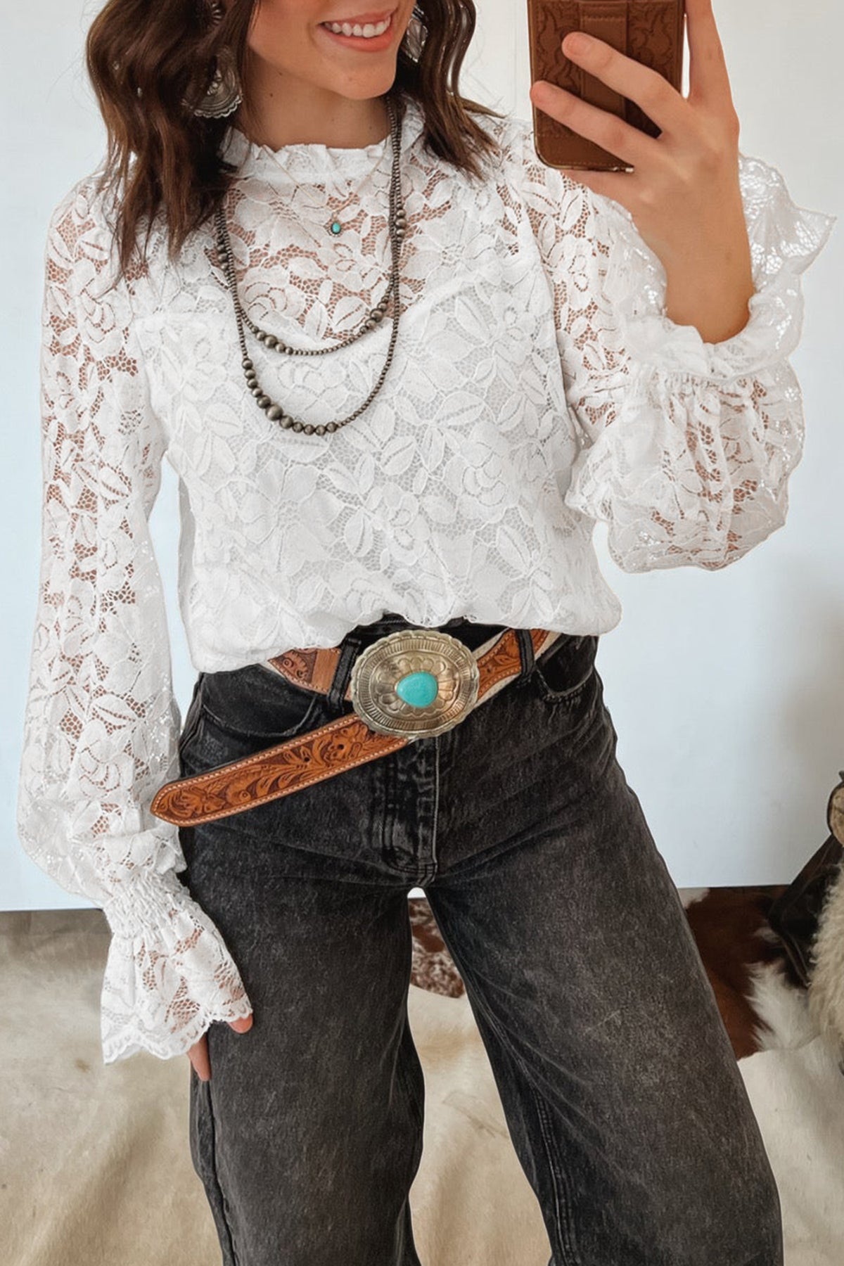 White Ruffled Sheer Lace Blouse