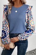 Ruffled Floral Sleeve Waffle Knit Blouse
