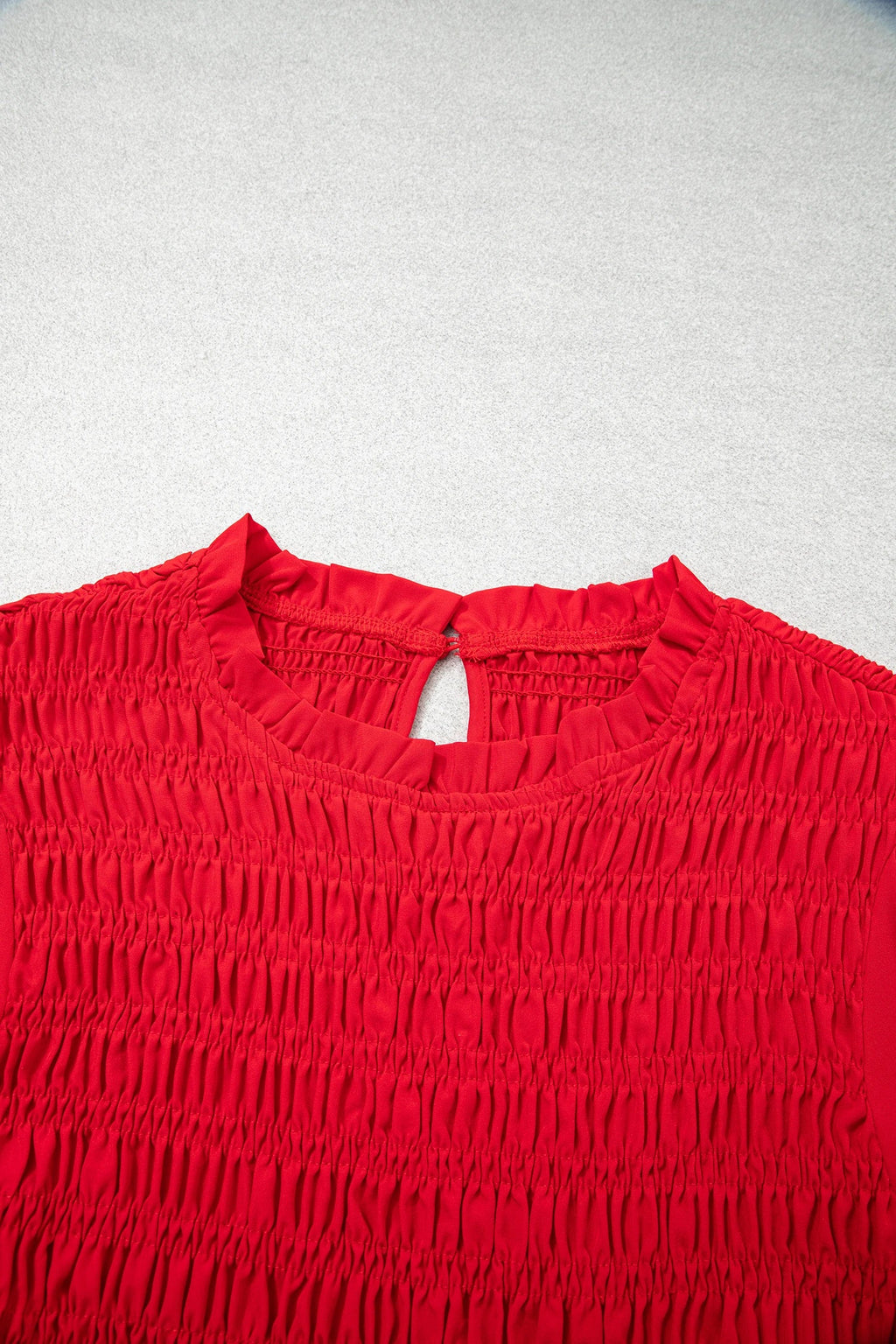 Solid Smocked Ruffle Hem Long Sleeve Blouse