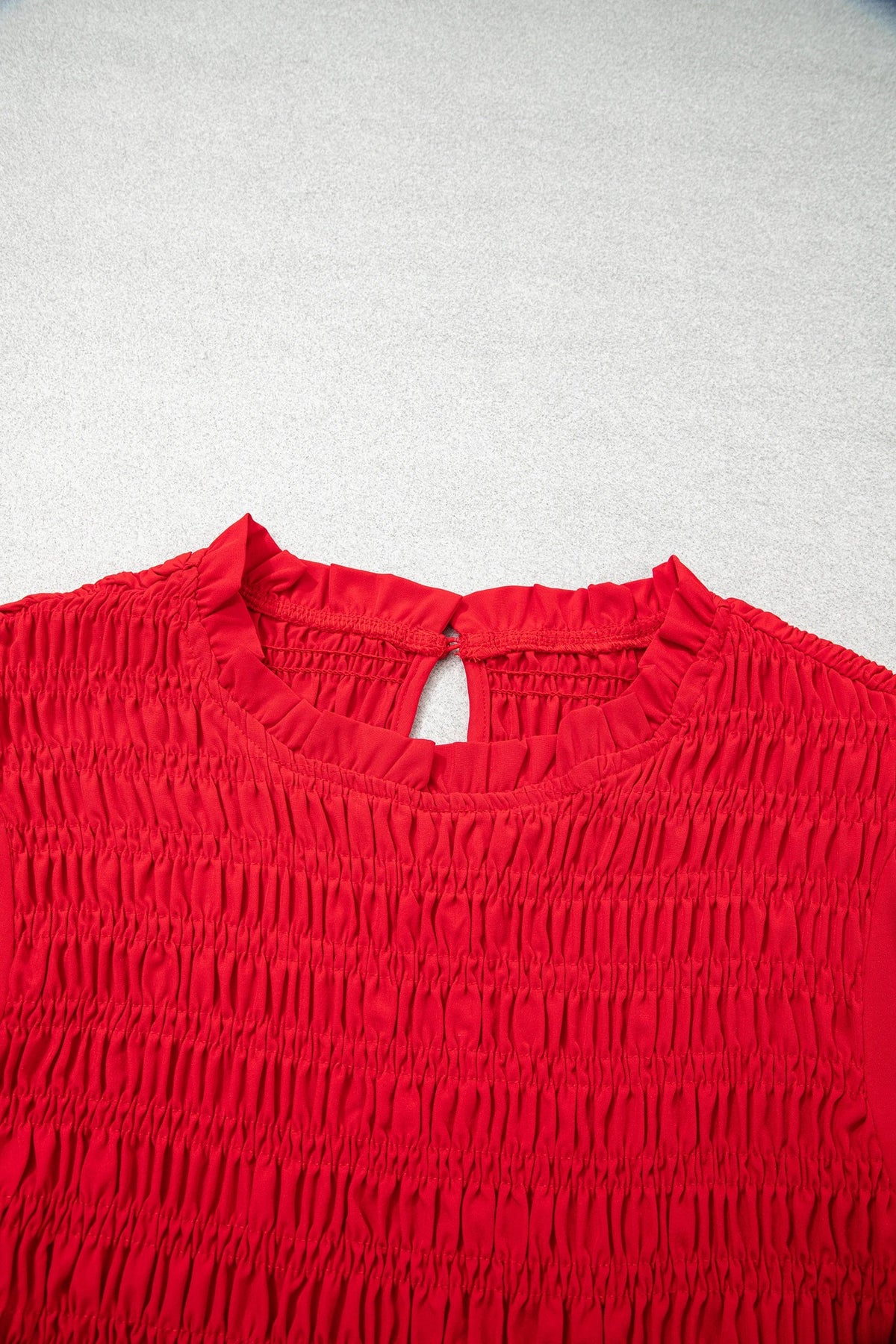 Solid Smocked Ruffle Hem Long Sleeve Blouse