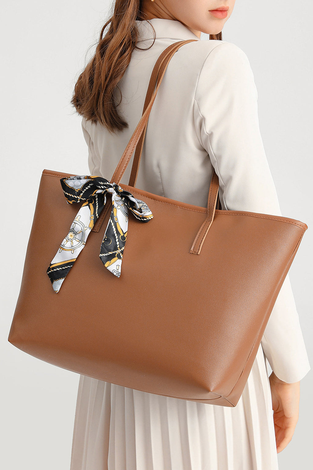 Chestnut Solid Color Large Capacity PU Leather Bag with Ribbon Detail