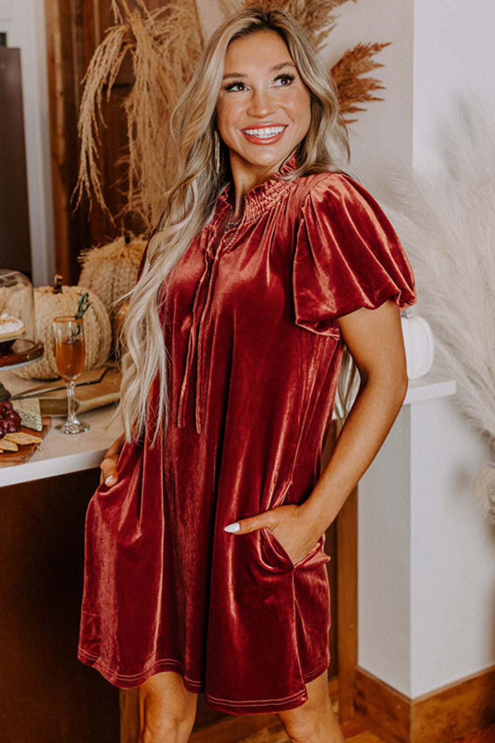 Cinnamon velvet smocked neckline puff sleeve mini dress from Dear-Lover featuring a shift silhouette and elegant design.
