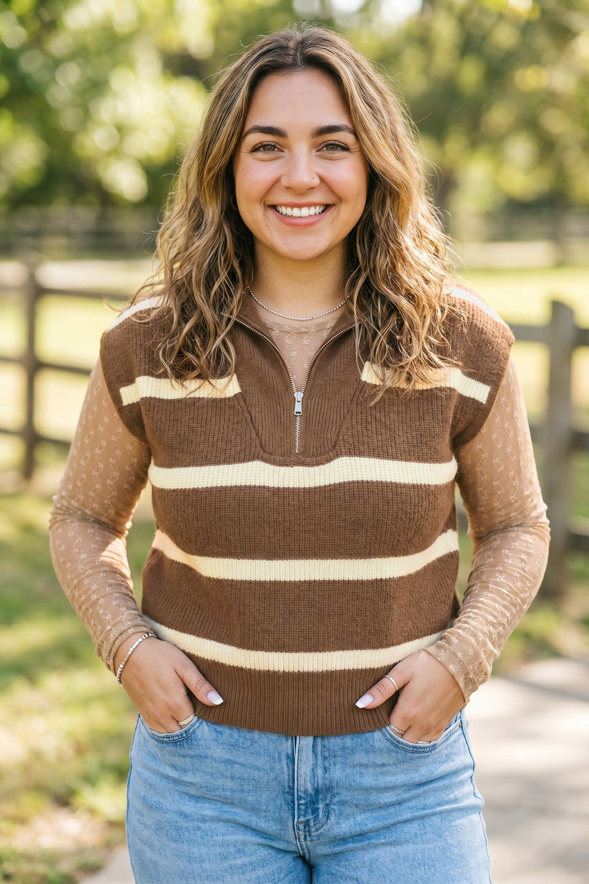 Plus size brown stripe colorblock V-neck drop shoulder sweater tunic with striped pattern by Dear-Lover.