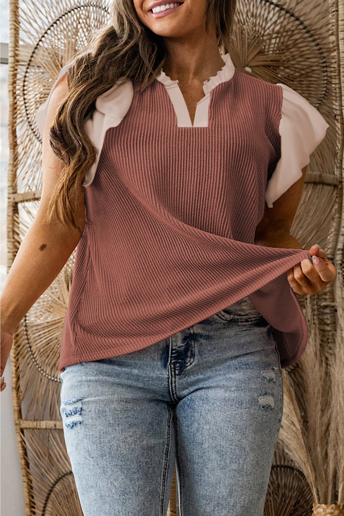 Plus size Vineyard Green blouse by Dear-Lover with contrast frilled neckline, ruffled short sleeves, and ribbed textured fabric.
