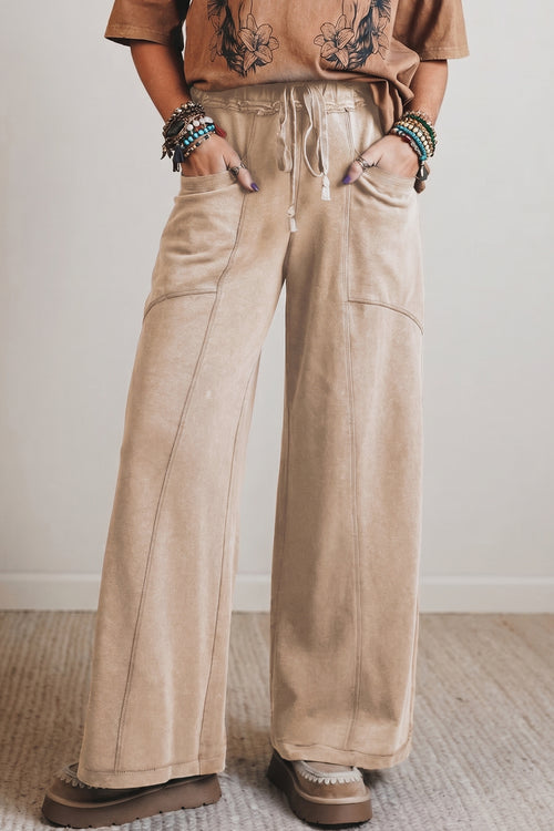 Smoke gray cotton retro high waist wide-leg western pants with drawstring, mineral wash, from Dear-Lover.