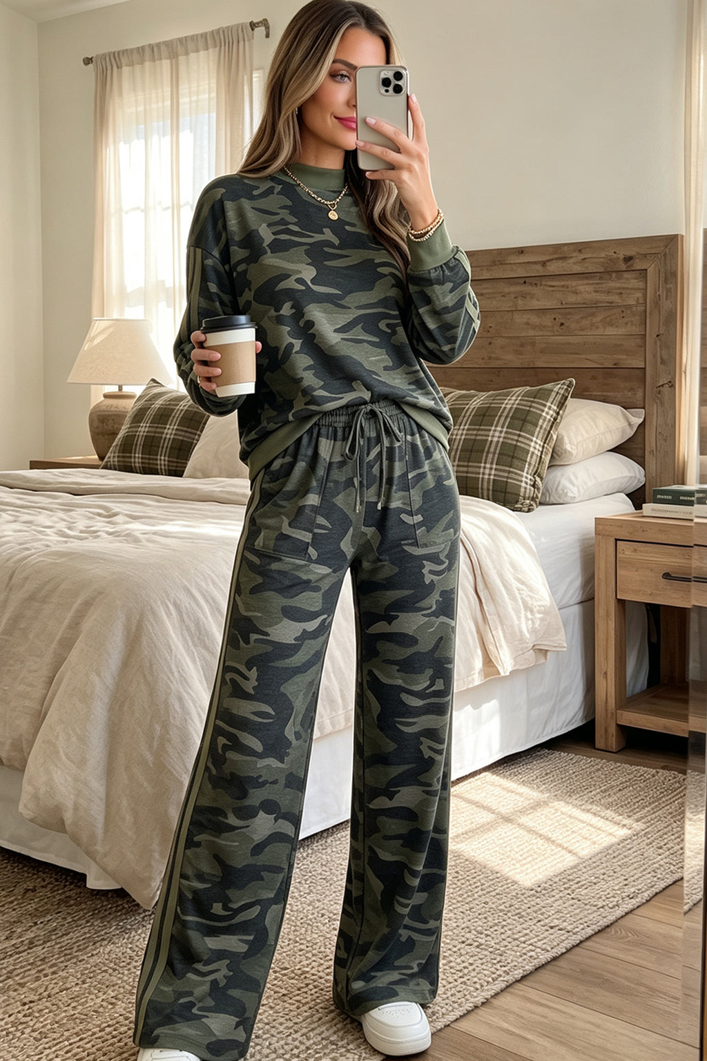 Multicolour camouflage patchwork long sleeve top and casual pants set from Dear-Lover with striped details and stylish design.