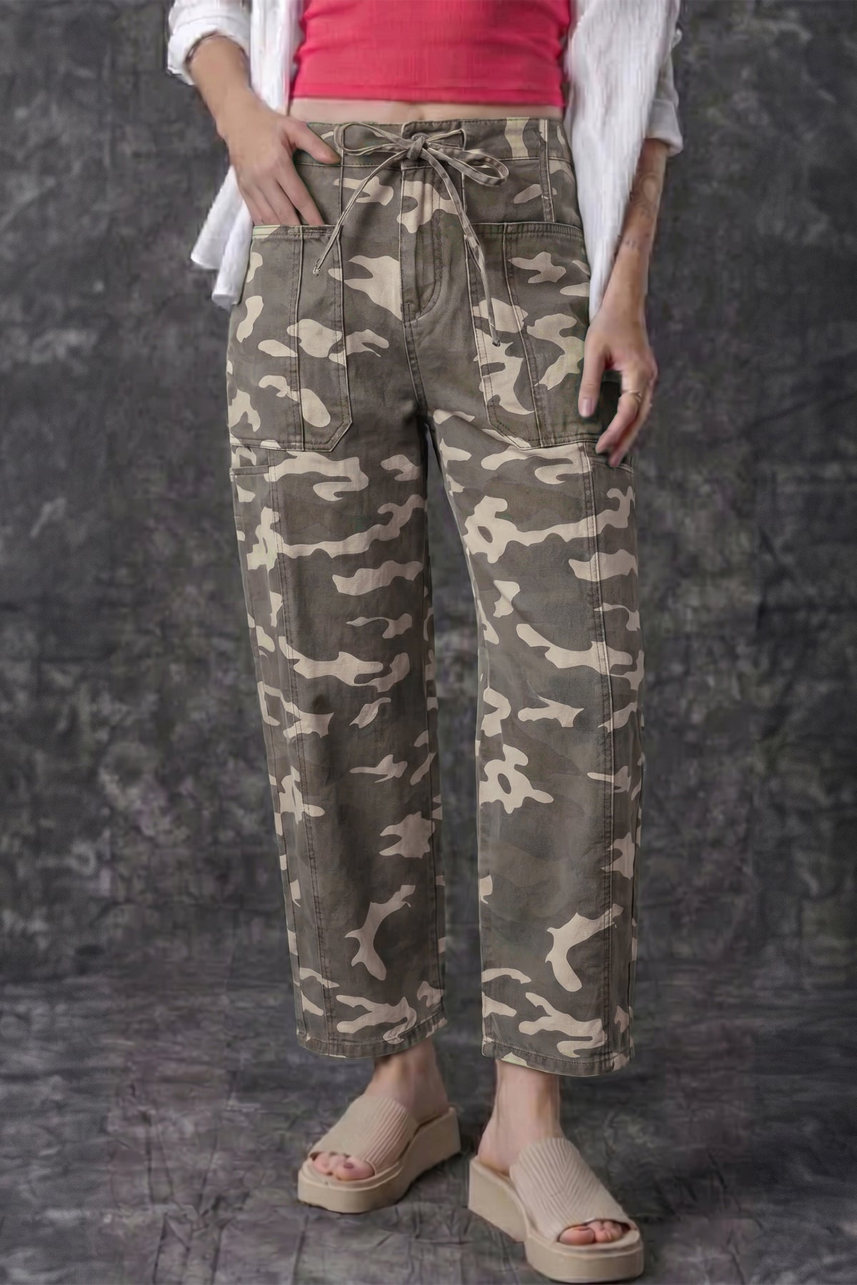 Leopard Drawstring Barrel Jeans