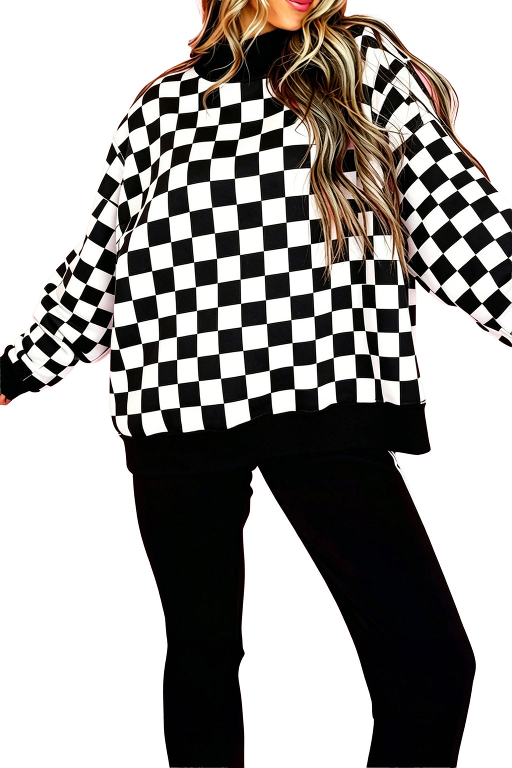 Black checkered print high neck baggy sweatshirt from Dear-Lover featuring a relaxed fit and cozy design.