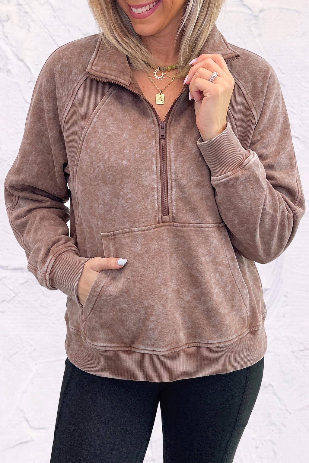 Chestnut Vintage Half-Zip Long-Sleeve Ribbed Cuffs Hem Sweatshirt