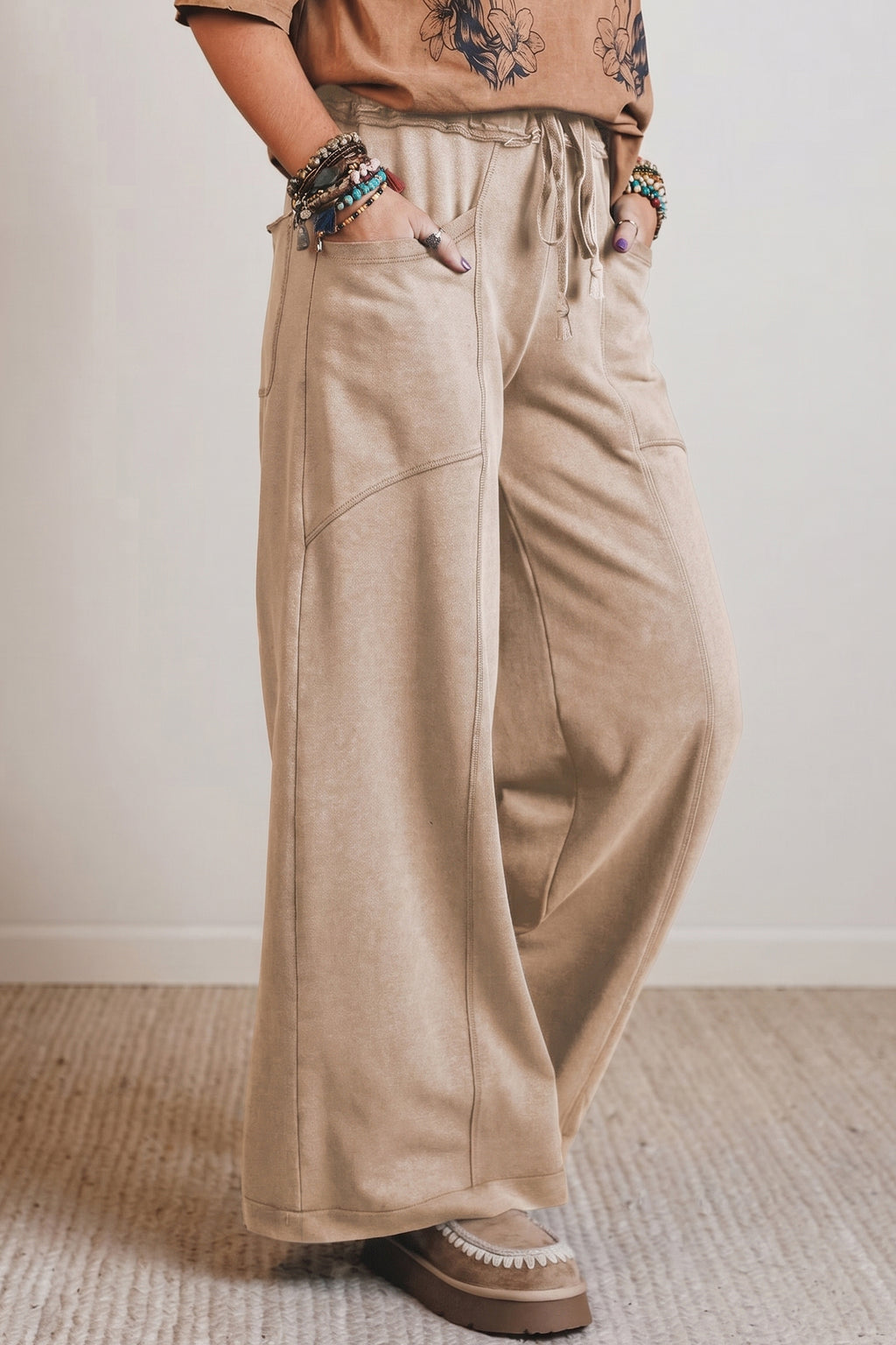 Smoke gray cotton mineral wash wide-leg western pants with high waist and drawstring, featuring a retro style from Dear-Lover.