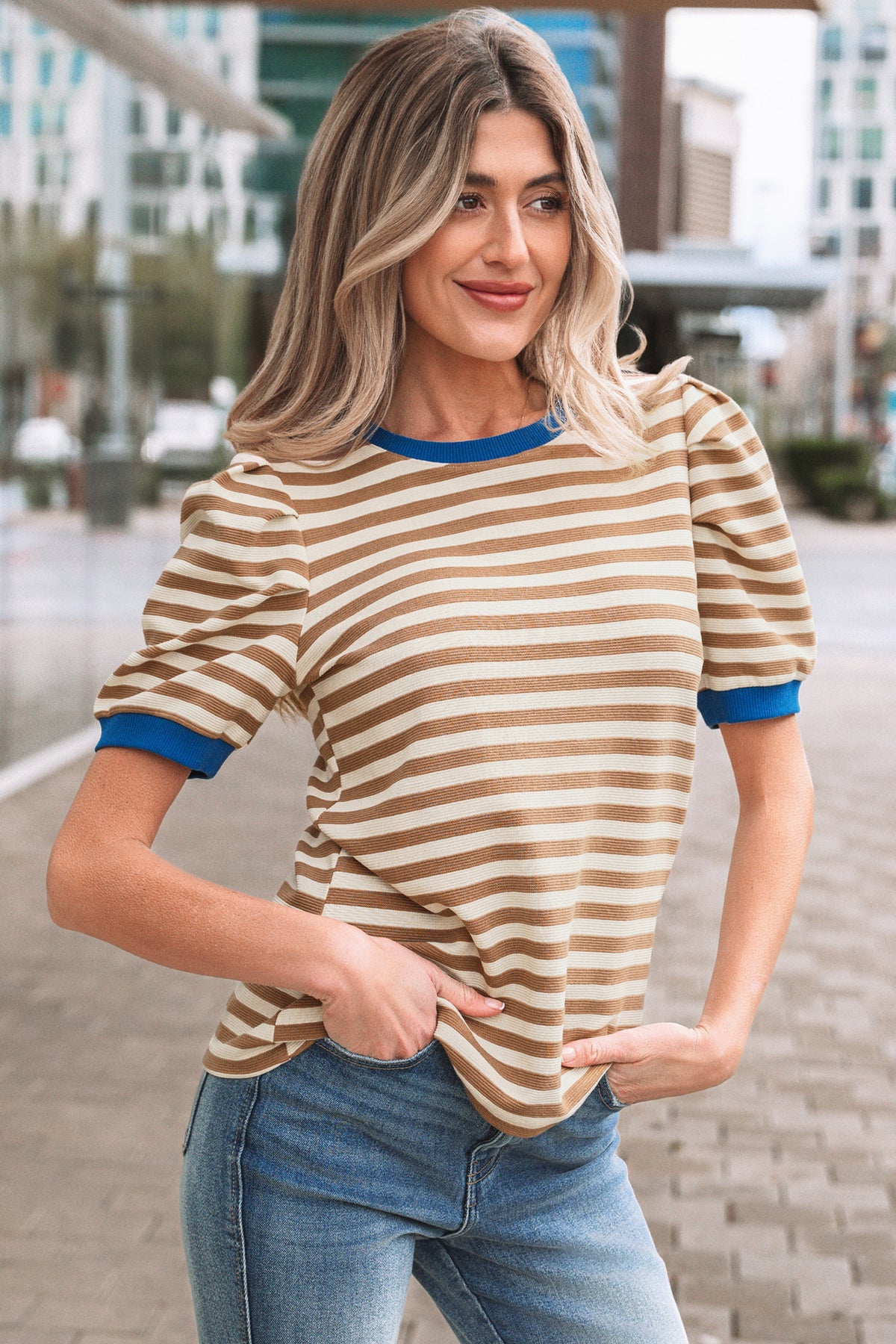 Green Stripe Puff-Sleeve Tee
